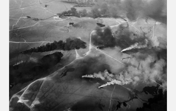 An aerial view of Kuwait oil fires set by retreating Iraqi troops in last days of Persian Gulf War