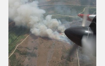 aerial view of wildfire, smoke and flames covering large area of field