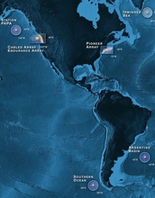 The OOI's seven arrays are deployed in key locations in the Atlantic and Pacific Oceans.
