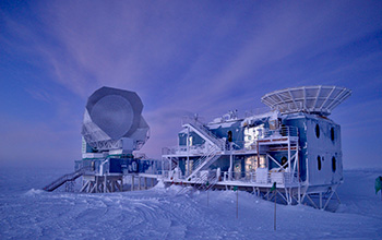 NSF's South Pole Telescope and Background Imaging of Cosmic Extragalactic Polarization telescopes at twilight in the Dark Sector at South Pole Station