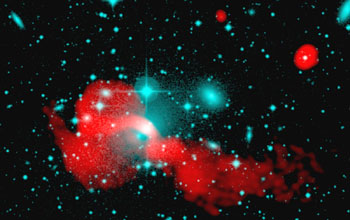 A double lobed radio galaxy with optical image in blue and radio image in red