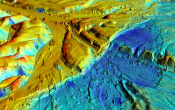 3-D map showing faults slicing the ground and offsetting the desert floor around the Borrego Fault.