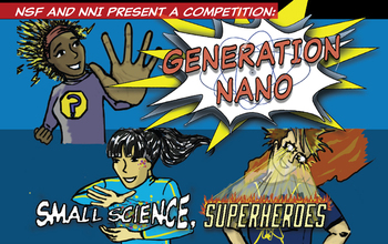 Comic showing three superheroes with text Generation Nano Small science, Superheroes