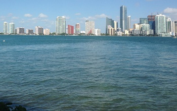 The skyline of downtown Miami along Biscayne Bay