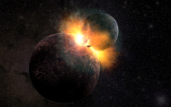 Still from Selene video game of large projectile the size of Mars colliding with early Earth