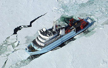 Aerial view of the NSF-owned research vessel <em>Sikuliaq</em>
