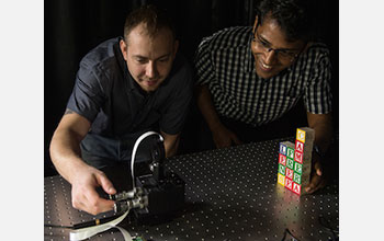 Rice University graduate students set up a test shot with a recent FlatCam prototype