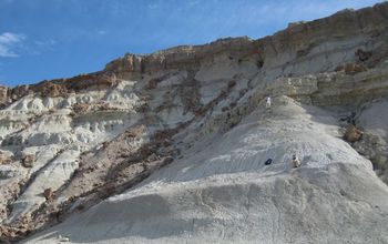 Scientists Dunn and Stromberg sample for fossil phytoliths at Gran Barranca, Chubut, Argentina.