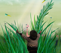 Child in virtual environment searches tall reeds of the Everglades