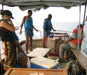 Four researchers on a boat on Lake Tanganyika