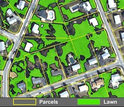 Map of land cover in a Boston suburb showing similar proportions devoted to lawn and tree cover.