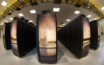 A fish-eye view of some of the supercomputer Yellowstone's 100 racks