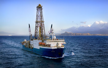 Aerial view of the drillship JOIDES Resolution, workhorse of the Integrated Ocean Drilling Program.