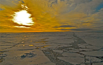 Photo of broken sea ice on the surface of the western Arctic Ocean.