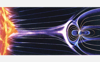 An artist's rendering shows the solar wind as it streaks by Earth.