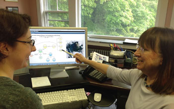 Photo of Carla Companion on left and Mary Jane Perry pointing to a webinar on the bloom.