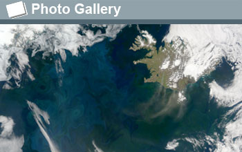 Satellite image of the seas off Iceland with the words Photo Gallery and a photo gallery icon.