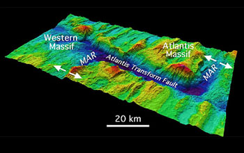Map of the Atlantis Massif showing the fault that borders this Atlantic Ocean seamount.