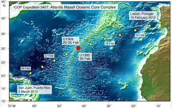 Map of IODP expedition undersea sampling sites at Atlantis Massif.