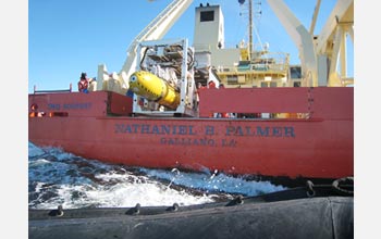 Photo of autosub being launched from the R/V Nathaniel B. Palmer.