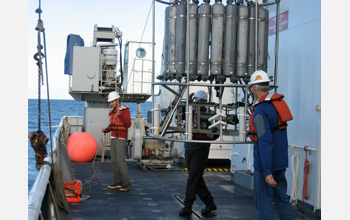 Photo showing deployment of an instrument to sample seawater at different depths.