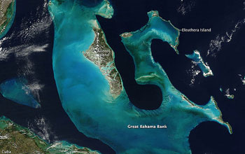 Satellite image showing the islands of the Bahamas.