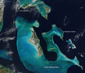 Satellite image showing the islands of the Bahamas.