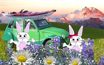cartoon bunnies in field of flowers in front of car with kayak and mountains in background
