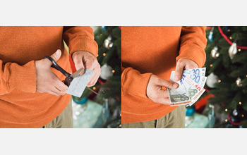 On left, image of hands holding scissors cutting a bill, on right hands holding a wad of bills.
