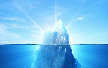 Illustration of an iceberg with uppermost part above the water with beams of light from the ice.
