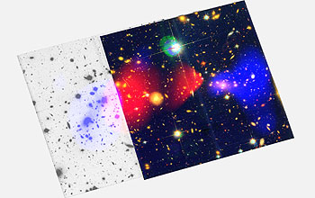 The separation of luminous gas appears red, and dark matter appears blue.
