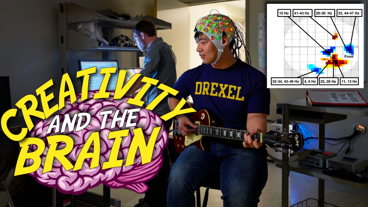 man playing guitar with brain-analyzing headgear