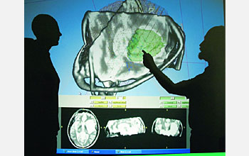 Photo of 2 people and a 3-D tessellated image of a brain projected on a large monitor.
