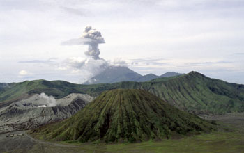 View of Tengger caldera, Bromo volcano and smoking Semeru, East Java