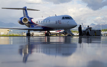 The NSF/NCAR Gulfstream V aircraft in Anchorage, Alaska, outside the hangar