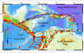 Map showing the seismotectonic context of Earth's Caribbean tectonic plate.