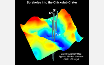 A three-dimensional Bouguer gravity map of the Chicxulub Crater.