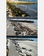 Photos of sand beach, top to bottom, before, right after, and six months after the Chile quake.