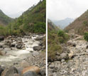Collage of two photos showing a river flowing before a dam and the old river bed dry after the dam.
