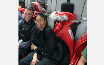 Photo of Shakira Brown, right, and Howard Koss on a C-17 en route to Antarctica.