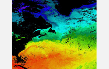 sea-surface temperatures off Eastern North America where purple is freezing temp.