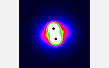 Illustration shows two black dots in a glowing bar representing a molecule of unexcited deuterium.