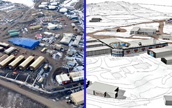 Photo of existing McMurdo Station (left) is compared to an artist's conception of the future station