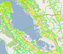 Map showing traffic as reported by Berkeley's Mobile Millennium visualization system