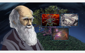 Illustration of Charles Darwin with photos of stars, fossil, and dna in the background.