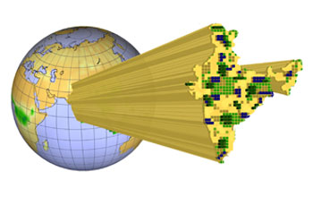 Illustration of a 3-D column terminated by blue, green, yellow and gray pixels coming from a globe.