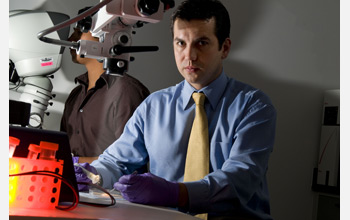 Photo of bioengineer Rafael Davalos in his laboratory at Virginia Tech.