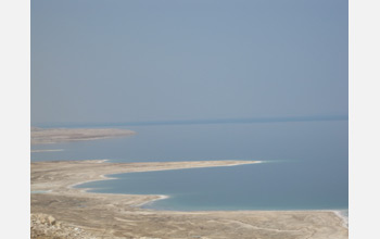 Photo of the west coast of the Dead Sea, Israel, at an elevation of 415 meters below sea level.