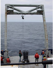 Photo of the CTD/rosette that contains sampling bottles and instruments.