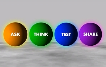 balls floating with the words ask, think, test, share